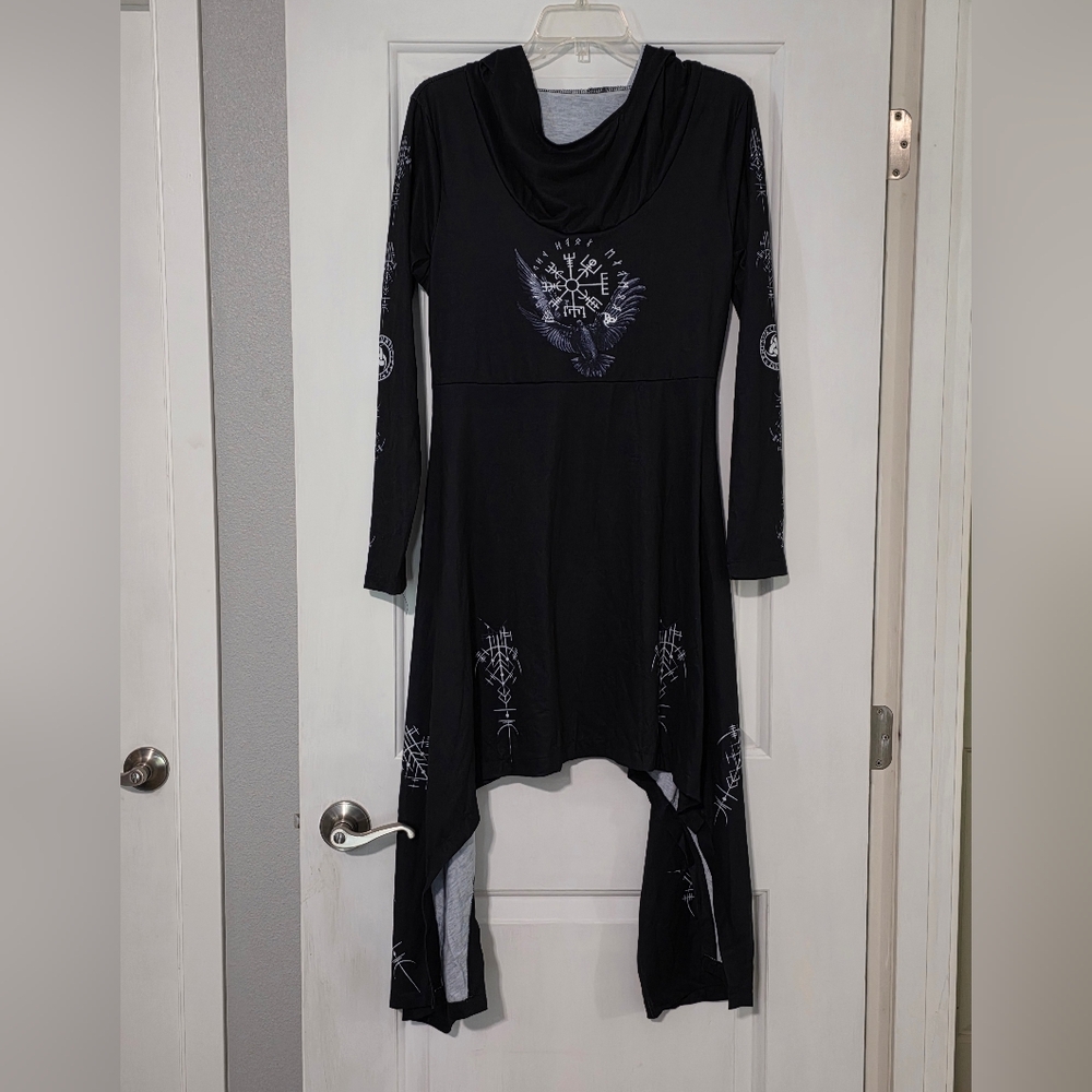 Black Hooded Jumpsuit with White Nordic Symbols